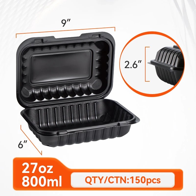 9" x 6" Black Clamshell Take-Out Containers — 150 Pack