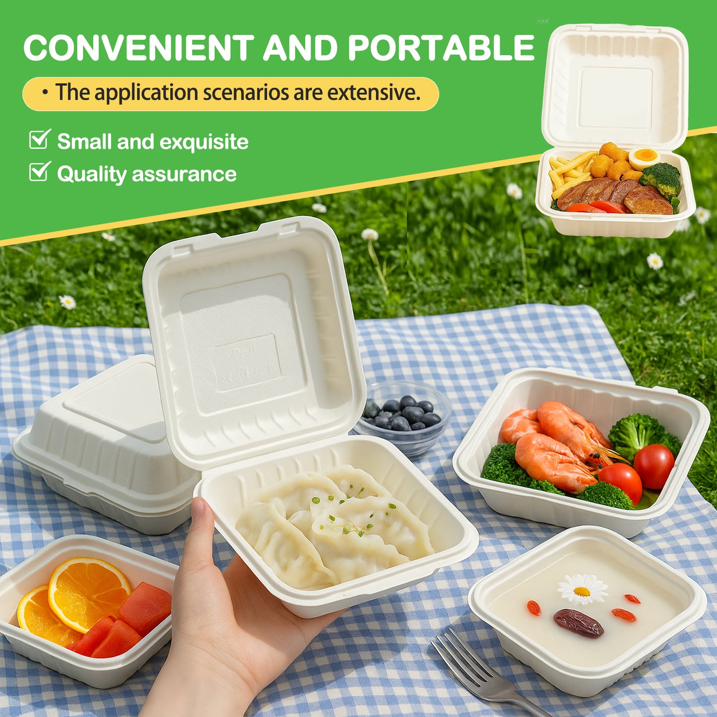 150 Pack Clamshell Take Out Food Containers - 9"x9" Heavy-Duty Quality to go food containers for Cake Slice, Dessert, Hamburger, Salad, Pastry, Fruits, Takeout Tray- Microwave & Freezer Safe