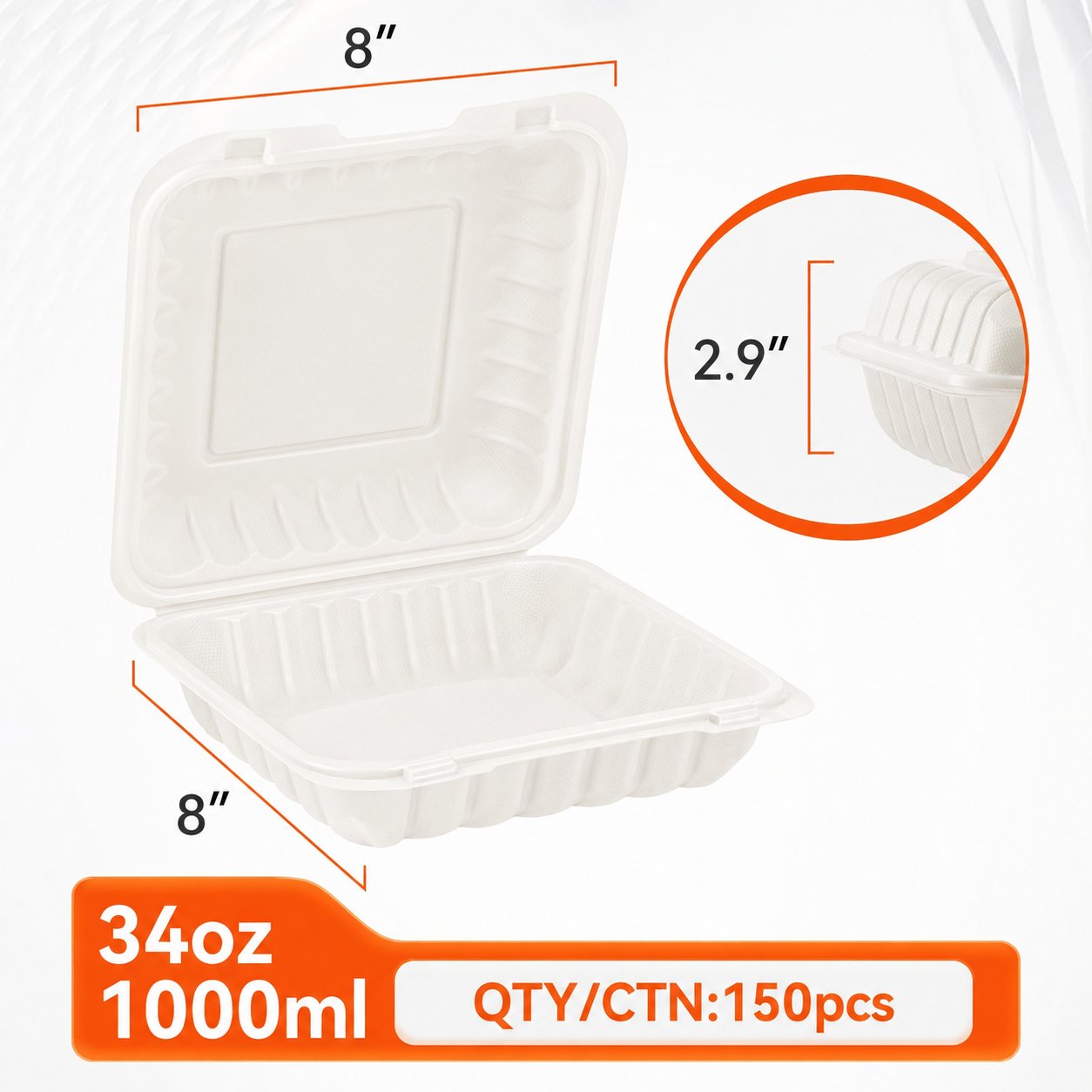 8" x 8" 1-Compartment Clamshell Containers — 150 Pack