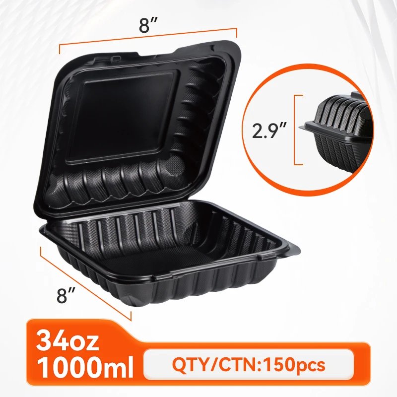 8" x 8" Black 1-Compartment Clamshell Containers — 150 Pack
