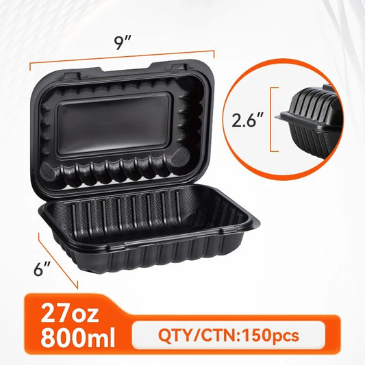 9" x 6" Black Clamshell Take-Out Containers — 150 Pack