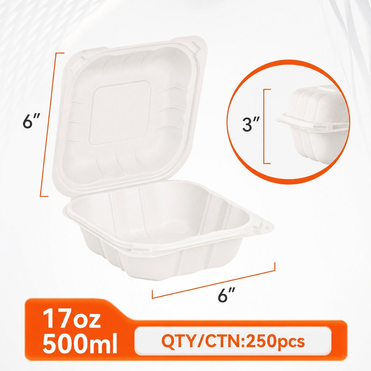 6" x 6" Clamshell Take-Out Containers — 250 Pack