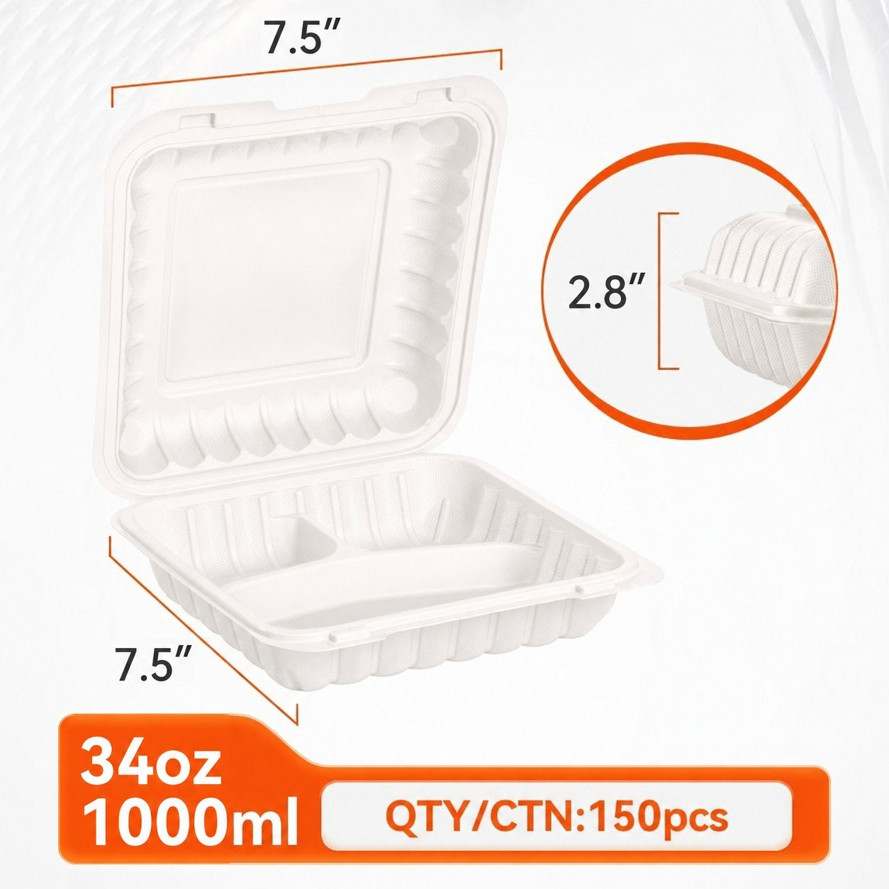 7.5" x 7.5" 3-Compartment Clamshell Containers — 150 Pack