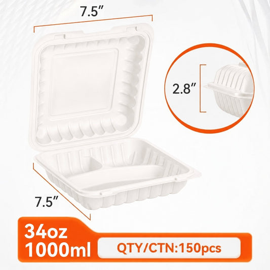 7.5" x 7.5" 3-Compartment Clamshell Containers — 150 Pack