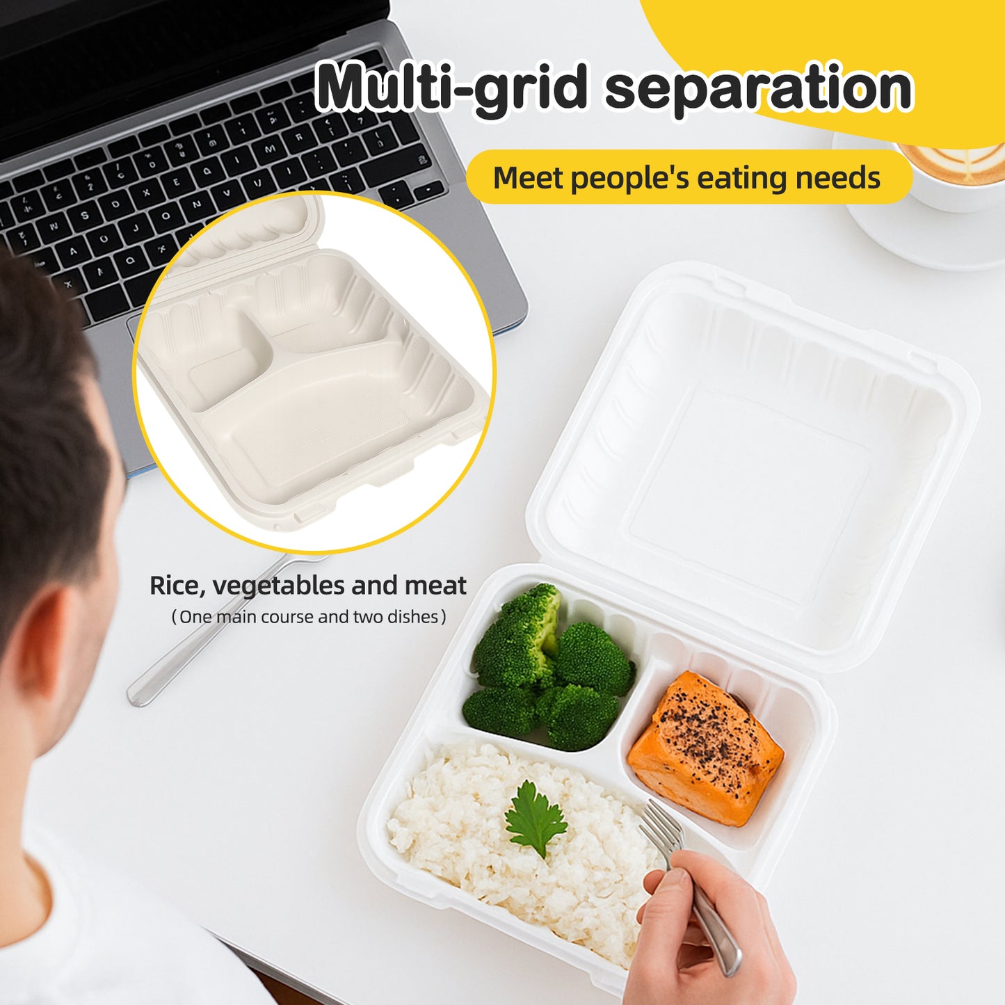 150 Pack Clamshell Take Out Food Containers, 7"x7"Disposable To Go Containers Microwave and Freezer Safe - Reusable & Disposable Heavy Duty Clamshell Takeout |To Go 3 Compartment Lunch Box