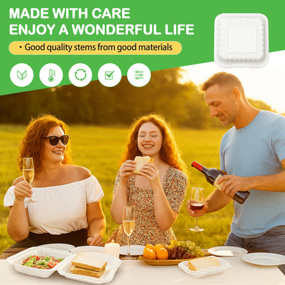 150 Pack Clamshell Take Out Food Containers - 8"x8" Heavy-Duty Quality to go food containers for Cake Slice, Dessert, Hamburger, Salad, Pastry, Fruits, Takeout Tray- Microwave & Freezer Safe