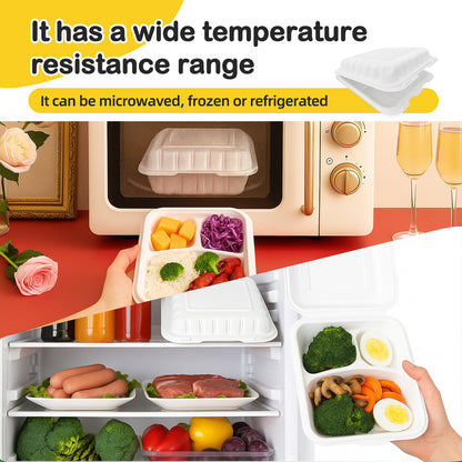 150 Pack Clamshell Take Out Food Containers, 9"x9"Disposable To Go Containers Microwave and Freezer Safe - Reusable & Disposable Heavy Duty Clamshell Takeout |To Go 3 Compartment Lunch Box