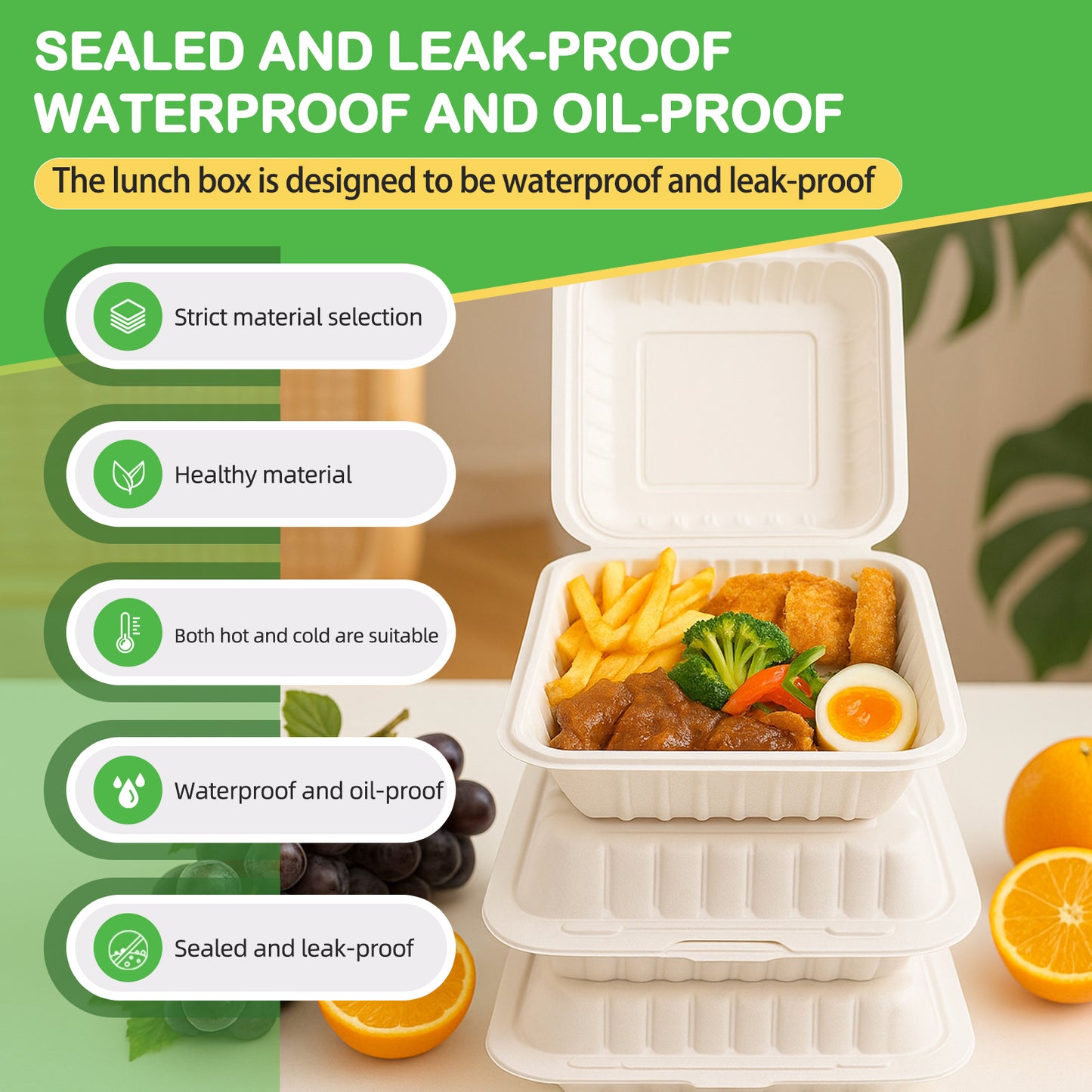 150 Pack Clamshell Take Out Food Containers - 9"x9" Heavy-Duty Quality to go food containers for Cake Slice, Dessert, Hamburger, Salad, Pastry, Fruits, Takeout Tray- Microwave & Freezer Safe