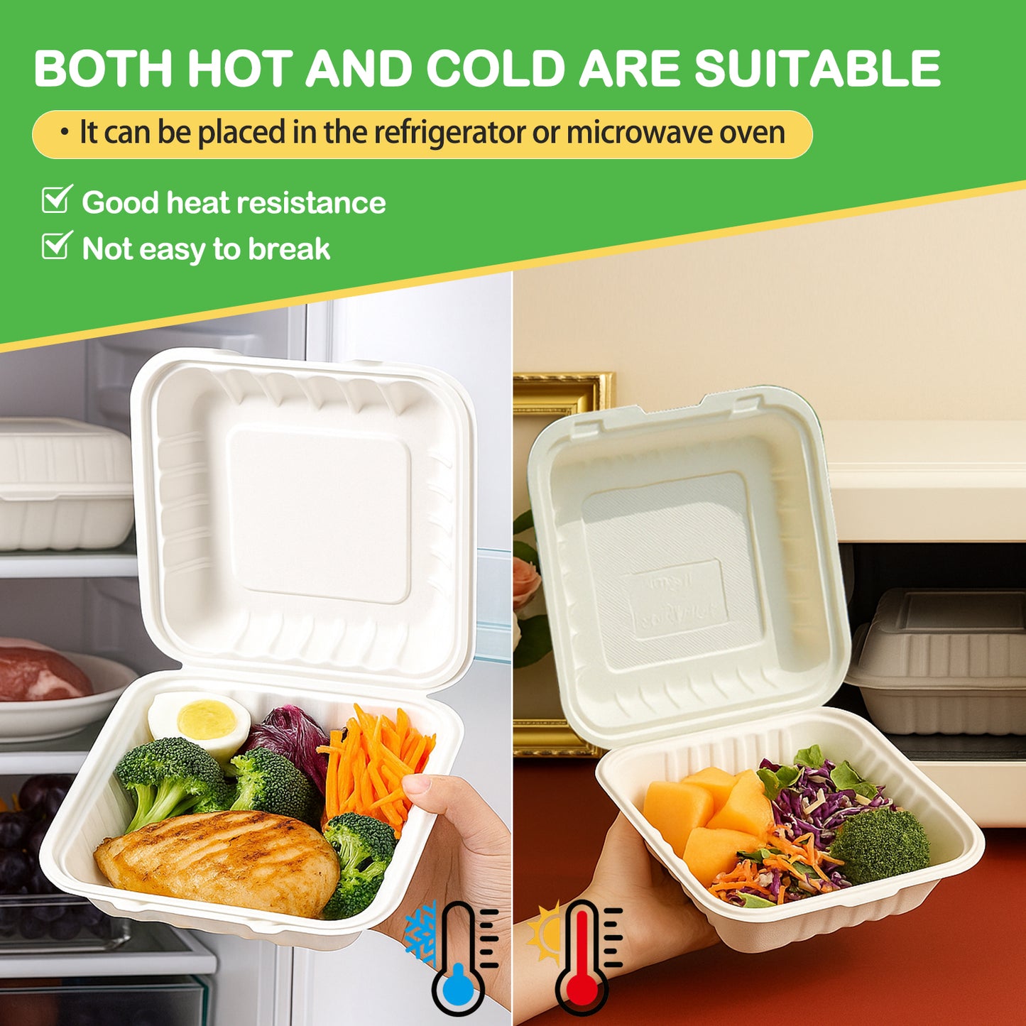 150 Pack Clamshell Take Out Food Containers - 9"x9" Heavy-Duty Quality to go food containers for Cake Slice, Dessert, Hamburger, Salad, Pastry, Fruits, Takeout Tray- Microwave & Freezer Safe