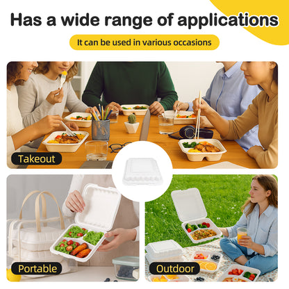 150 Pack Clamshell Take Out Food Containers, 7"x7"Disposable To Go Containers Microwave and Freezer Safe - Reusable & Disposable Heavy Duty Clamshell Takeout |To Go 3 Compartment Lunch Box