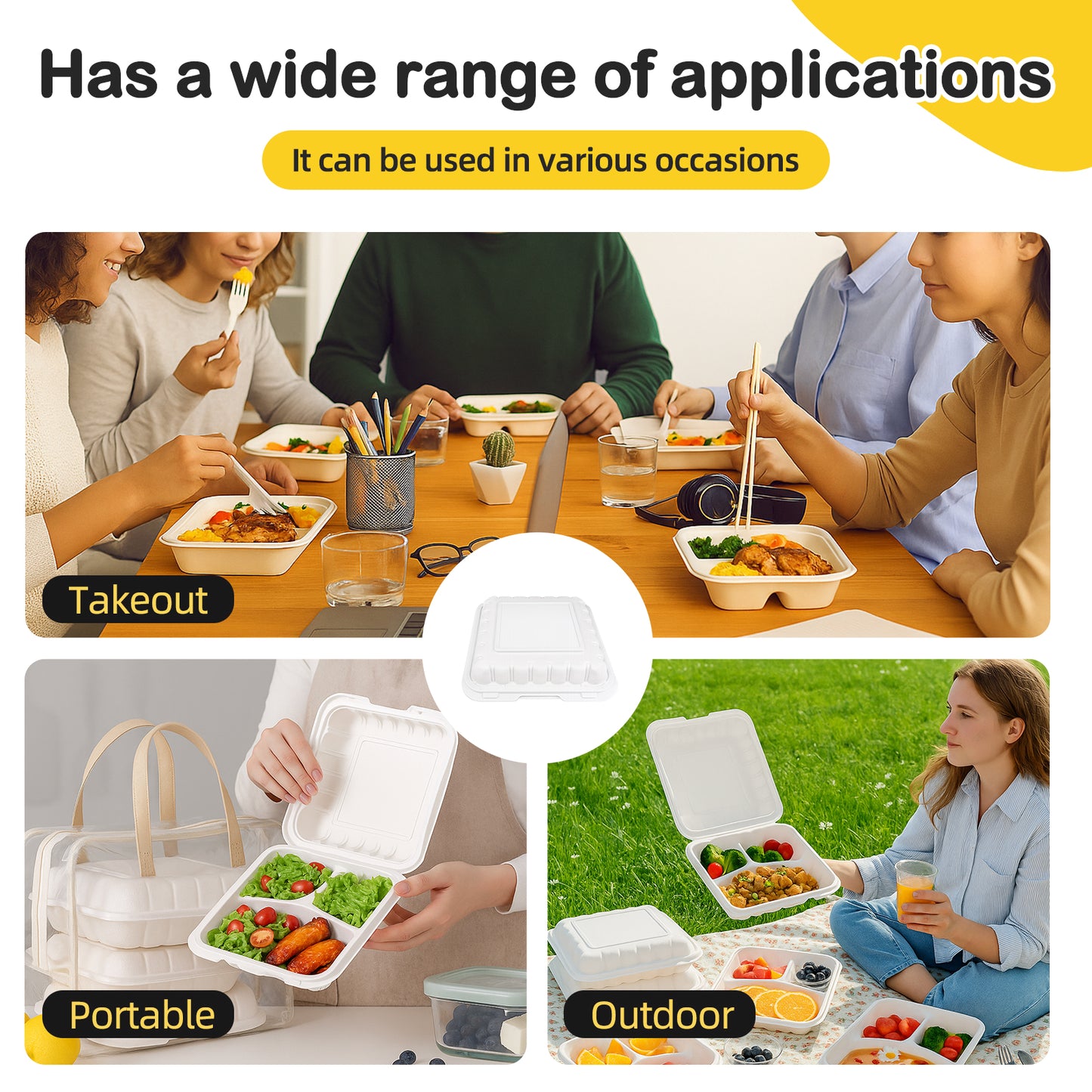 150 Pack Clamshell Take Out Food Containers, 9"x9"Disposable To Go Containers Microwave and Freezer Safe - Reusable & Disposable Heavy Duty Clamshell Takeout |To Go 3 Compartment Lunch Box