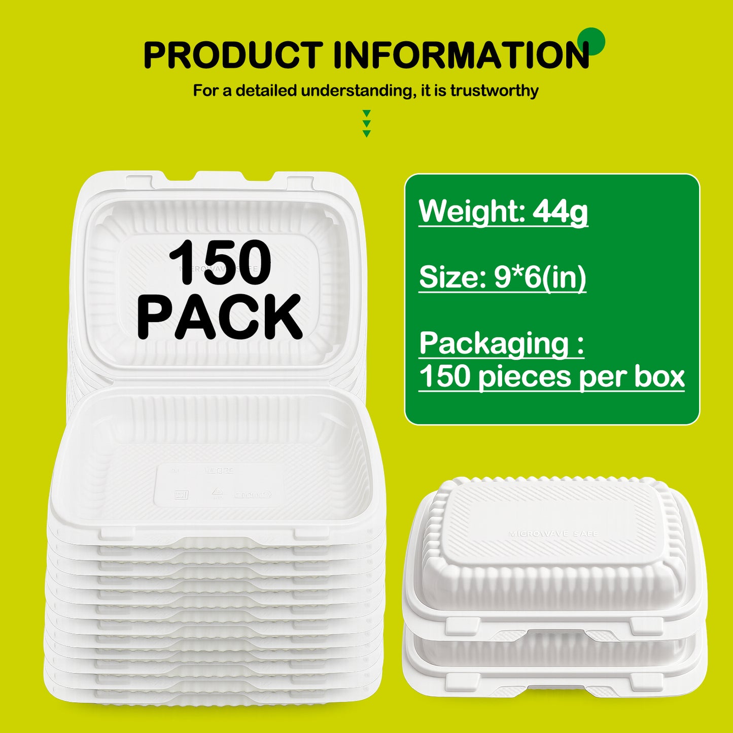 150 Pack Clamshell Take Out Food Containers, 9"x6"Disposable To Go Containers Microwave and Freezer Safe - Reusable & Disposable Heavy Duty Clamshell Takeout |To Go 1 Compartment Lunch Box