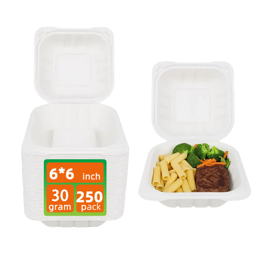 250 Pack Clamshell Take Out Food Containers - 6"x6" Heavy-Duty Quality to go food containers for Cake Slice, Dessert, Hamburger, Salad, Pastry, Fruits, Takeout Tray- Microwave & Freezer Safe