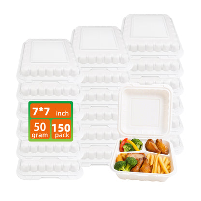 150 Pack Clamshell Take Out Food Containers, 7"x7"Disposable To Go Containers Microwave and Freezer Safe - Reusable & Disposable Heavy Duty Clamshell Takeout |To Go 3 Compartment Lunch Box