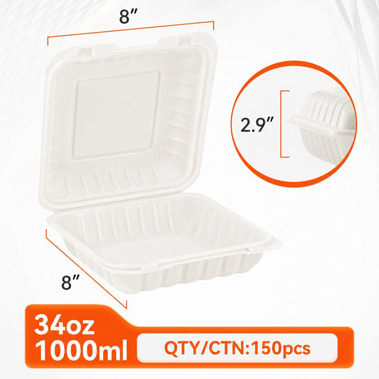 8" x 8" 1-Compartment Clamshell Containers — 150 Pack