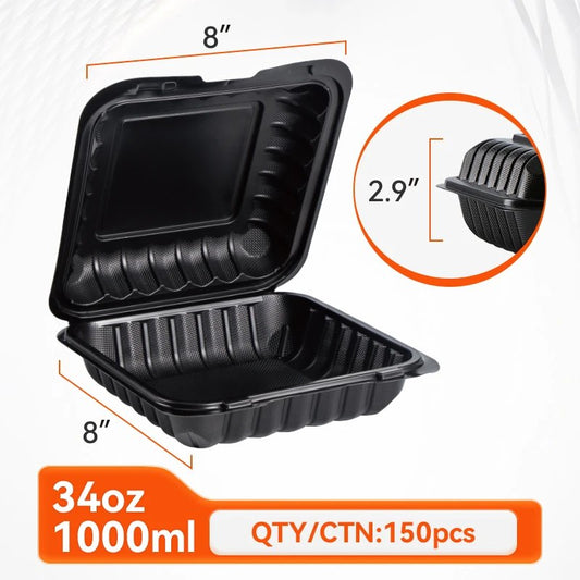 8" x 8" Black 1-Compartment Clamshell Containers — 150 Pack