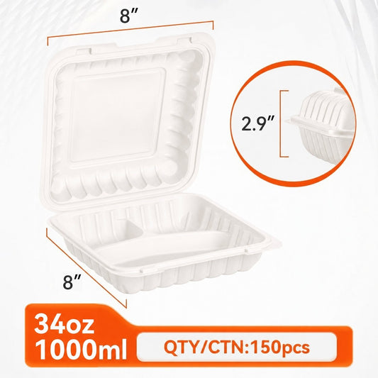 8" x 8" 3-Compartment Clamshell Containers — 150 Pack