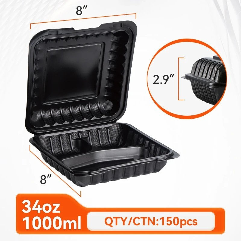 8" x 8" Black 3-Compartment Clamshell Containers — 150 Pack