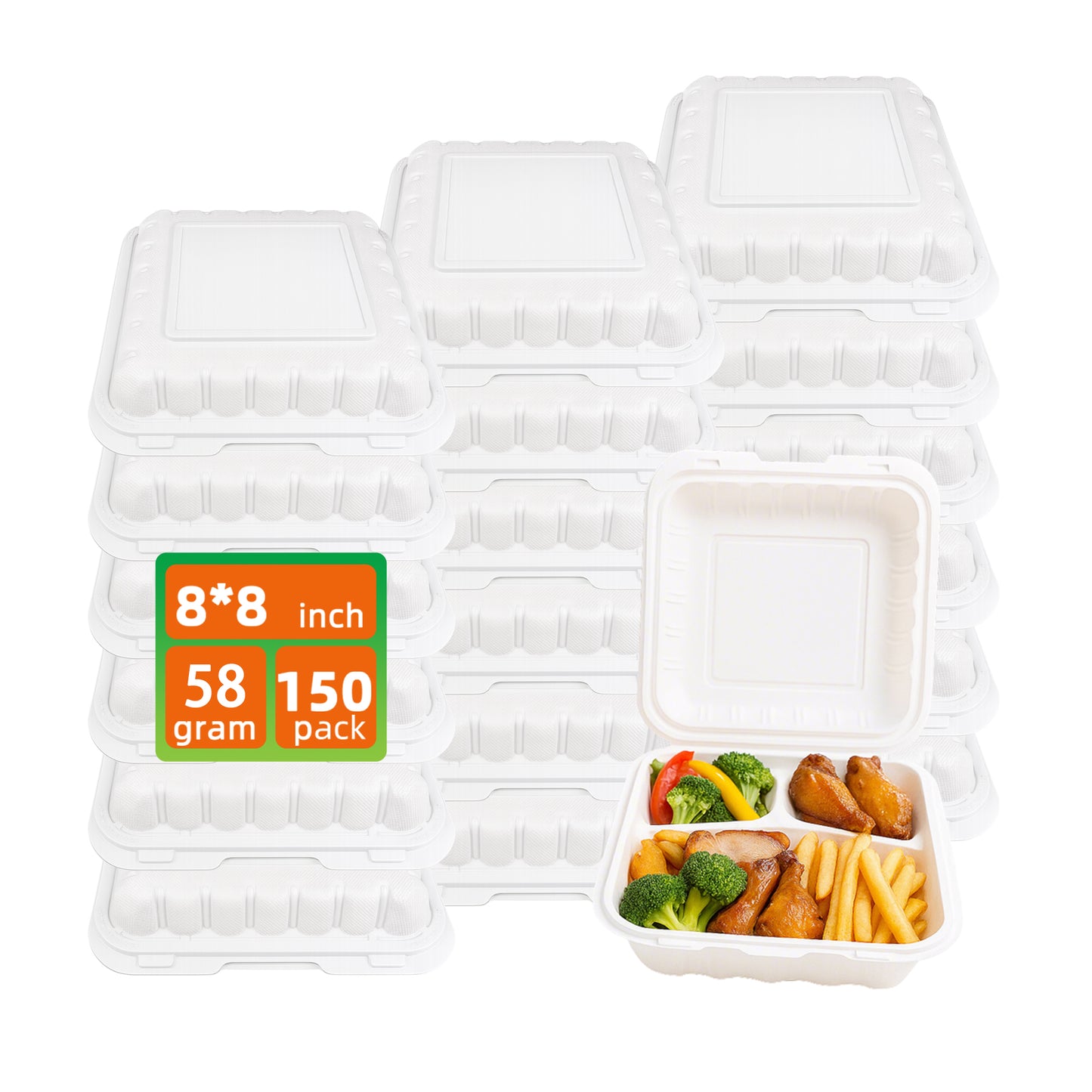 150 Pack Clamshell Take Out Food Containers - 8"x8" Heavy-Duty Quality to go food containers for Cake Slice, Dessert, Hamburger, Salad, Pastry, Fruits, Takeout Tray- Microwave & Freezer Safe