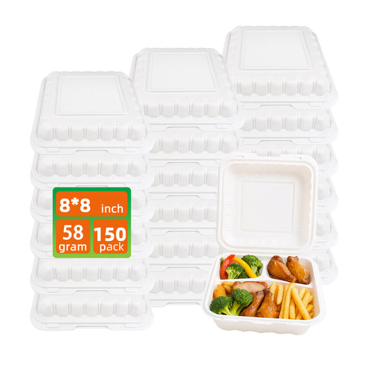 150 Pack Clamshell Take Out Food Containers - 8"x8" Heavy-Duty Quality to go food containers for Cake Slice, Dessert, Hamburger, Salad, Pastry, Fruits, Takeout Tray- Microwave & Freezer Safe