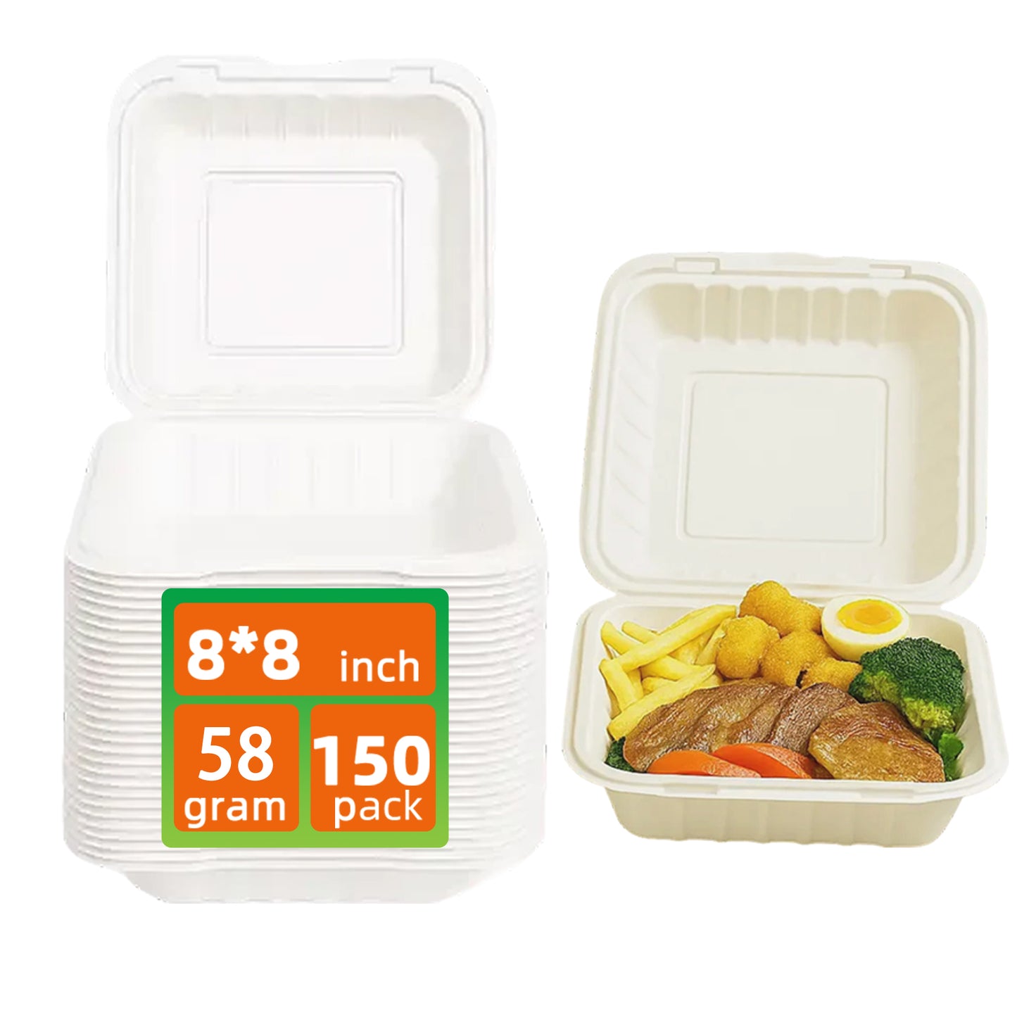 150 Pack Clamshell Take Out Food Containers - 8"x8" Heavy-Duty Quality to go food containers for Cake Slice, Dessert, Hamburger, Salad, Pastry, Fruits, Takeout Tray- Microwave & Freezer Safe