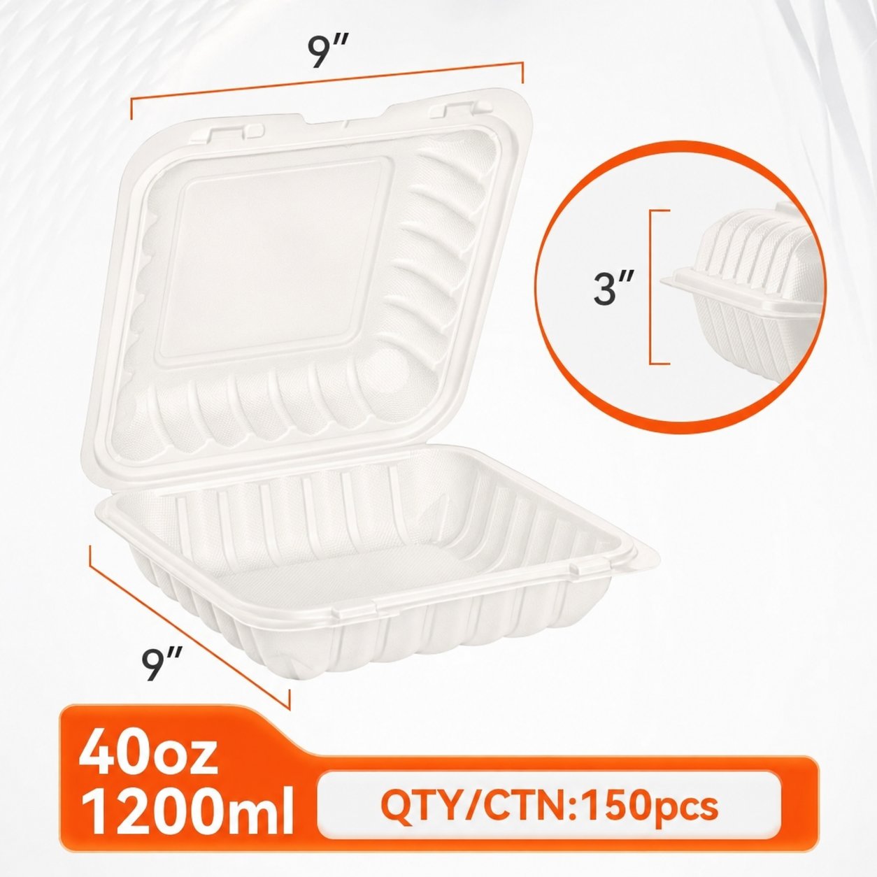 9" x 9" 1-Compartment Clamshell Containers — 150 Pack