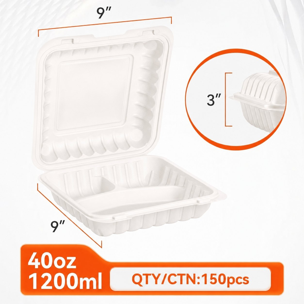 9" x 9" 3-Compartment Clamshell Containers — 150 Pack