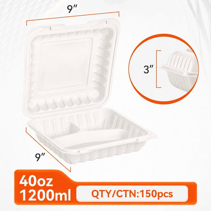 9" x 9" 3-Compartment Clamshell Containers — 150 Pack