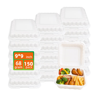 150 Pack Clamshell Take Out Food Containers, 9"x9"Disposable To Go Containers Microwave and Freezer Safe - Reusable & Disposable Heavy Duty Clamshell Takeout |To Go 3 Compartment Lunch Box