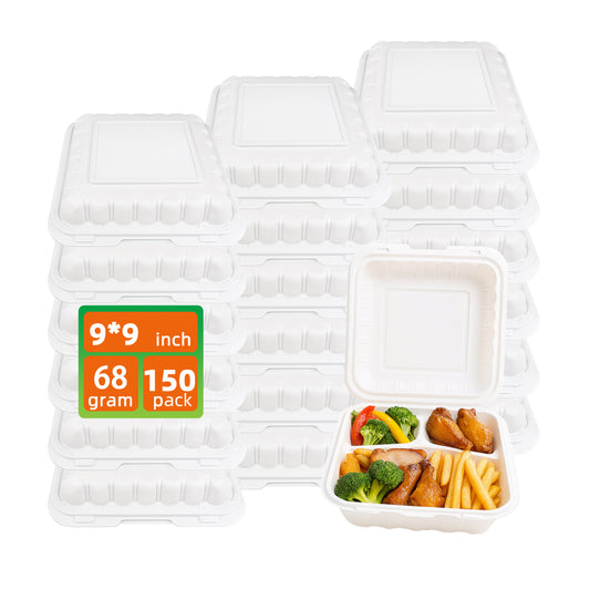 150 Pack Clamshell Take Out Food Containers, 9"x9"Disposable To Go Containers Microwave and Freezer Safe - Reusable & Disposable Heavy Duty Clamshell Takeout |To Go 3 Compartment Lunch Box