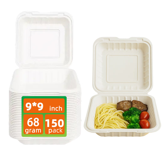 150 Pack Clamshell Take Out Food Containers - 9"x9" Heavy-Duty Quality to go food containers for Cake Slice, Dessert, Hamburger, Salad, Pastry, Fruits, Takeout Tray- Microwave & Freezer Safe